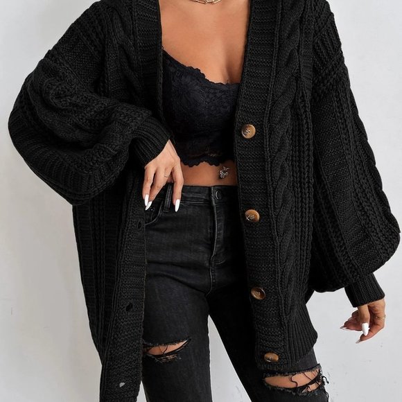 Casual Button Front Cable Knit Cardigan Black - Picture 1 of 5